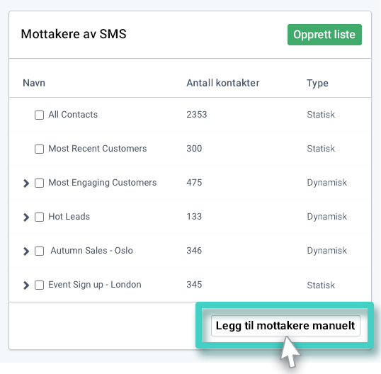 SMS-kampanjemottakere. Legg til mottakere manuelt utvidelse. Søk CRM-alternativ